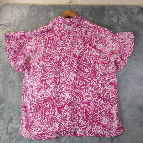 Susan Graver Women's XS Vibrant Pink & White Flowy Paisley Button Down T-Shirt - Picture 2 of 10